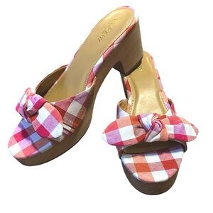 J.CREW pink plaid gingham bow open toe slip on wooden sole chunky heel sz 9 NWOT
